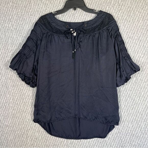 Sundance XS Black Pintuck Short Sleeve Minimal Basic Blouse Top Boho Luxury - Picture 7 of 11